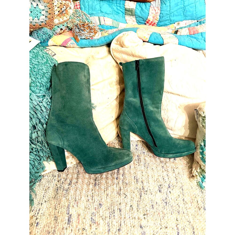 VINTAGE BLUE SUEDE LEATHER PLATFORM BOOTS 4" HEELS SIZE 8
